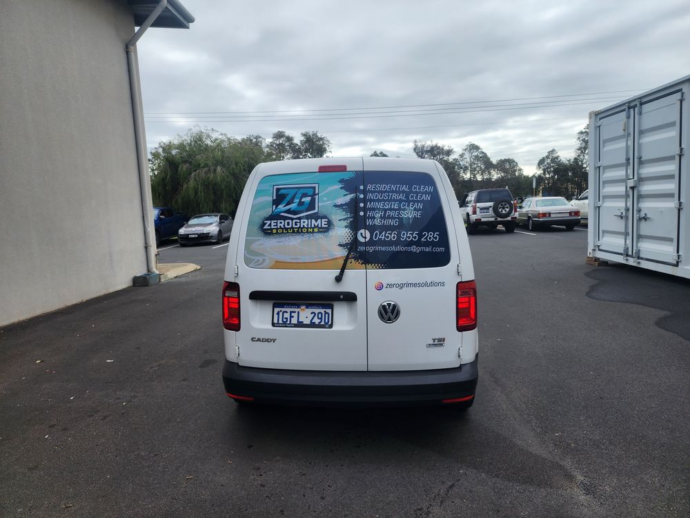 Rear view of the ZeroGrime Solutions van parked on site in Bunbury, Western Australia